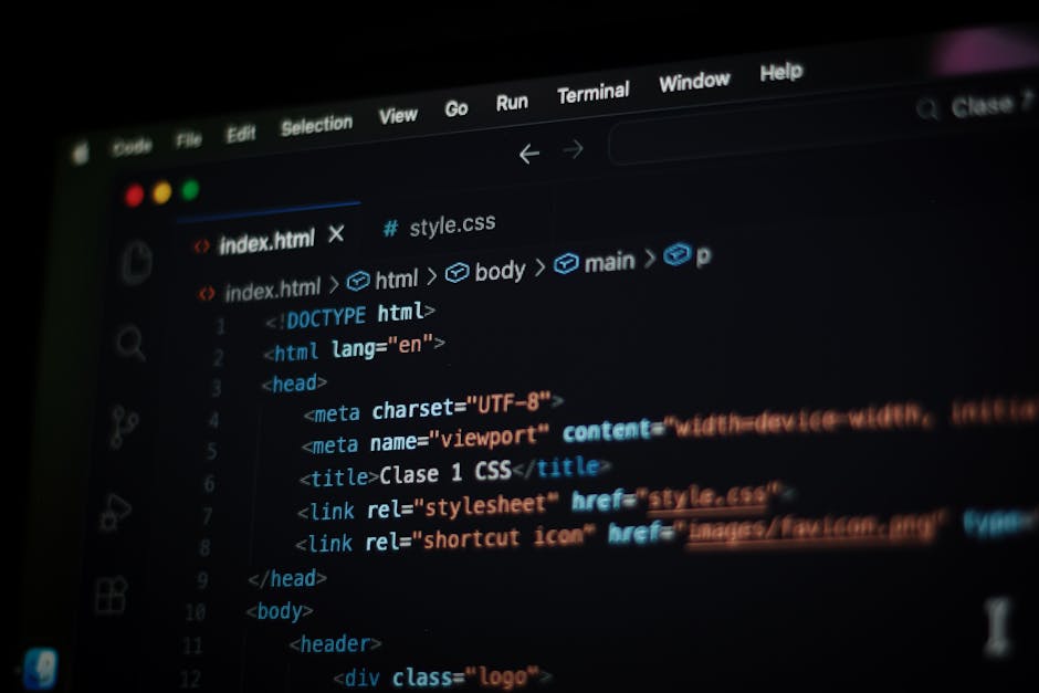 A computer screen displaying a code editor with HTML code visible. The code includes elements such as <!DOCTYPE html>, <html>, <head>, <meta>, <title>, and <link> tags, with some code highlighted in d